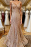 Mermaid V Neck Rose Gold Prom Dresses Long with Criss Cross Back