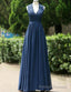 Modest A Line Navy Blue Long Chiffon Bridesmaid Dress