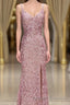 Gorgeous Mermaid V-Neck Pearl Pink Long Prom Dress with Slit