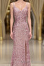 Gorgeous Mermaid V Neck Pearl Pink Prom Dresses Long with Slit