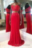 Elegant Two Piece Sweetheart Beaded Red Prom Dress with Lace-up Back