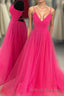 V Neck A Line Hot Pink Prom Dresses Long with Lace-up Back