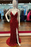 Red Sequin Fringe V Neck Lace-Up Back Mermaid Long Prom Dress with Slit
