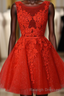 Red Lace Round Neckline Short Prom Dresses Red Short Homecoming Dresses