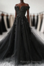 Black Off Shoulder Tulle Long Evening Dress Prom Dress, Black Lace Formal Dress