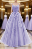 Light Purple Straps Lace-Up Long Prom Dresses Light Purple Long Prom Dresseses
