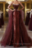 Wine Red Sequins and Tulle Beaded Long Party Dress, Wine Red Evening Dress