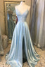 Light Blue Lace Lace-Up Back A Line Prom Dress with Slit