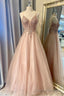 Peach Appliques Open Back A Line Prom Dress