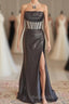 Black Strapless Mermaid Satin Prom Dresses Long with Slit