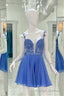 Blue Deep V Neck Straps A Line Appliques Chiffon Homecoming Dress