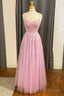 Pink Lace Tulle Lace-Up Back A Line Prom Dress