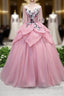 Pink V Neck Tulle Lace Applique Long Prom Dresses Pink Prom Dresses 1