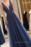 Glamorous Navy Blue Lace Tulle V Neck See Through Prom Dress