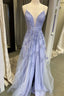 Periwinkle Floral Lace Plunge V A Line Prom Dress with Slit
