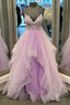 Lilac Tulle Lace V Neck Tiered Layers A Line Prom Dress