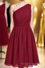 Wine Red Chiffon One-Shoulder Gathered Short Bridesmaid Dress