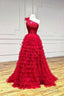 Red Tulle Lace Long Prom Dresses, One Shoulder Prom Dresses