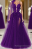 Purple Tulle With Lace Applique Long Prom Dresses A Line Tulle Prom Dresses