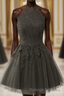 Black Halter Tulle With Lace Short Prom Dresses Black Tulle Homecoming Dresses