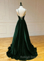 Green V Neckline Straps Lace-Up A Line Prom Dresses Green Velvet Long Prom Dresses