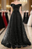 A Line Off Shoulder Black Tulle With Lace Prom Dresses Black Long Prom Dresses