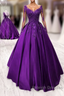 Purple Satin Long Sleeves Prom Dresseses Lace Applique Sweet 16 Dresses