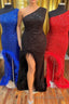 One Shoulder Sequin Feather Prom Dresses Long with Slit