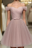 Simple V Neck Tulle Off Shoulder Short Prom Dresses Pink Homecoming Dresses