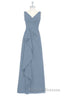 Dusty Blue V-Neck Banded Waist Ruffled Long Bridesmaid Dress