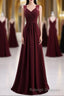 Burgundy Chiffon A Line Pleated Long Bridesmaid Dresses