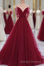 Wine Red Tulle V-Neckline Off Shoulder With Bow, Wine Red Tulle Long Prom Dress