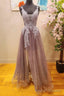 Mauve Tulle Lace Plunge V A Line Prom Dress with Slit