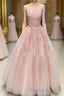 Lace Appliques Pink A LineTulle Long Prom Dresses With Straps