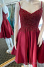 A Line Wine Red Beaded V Neck Homecoming Dress
