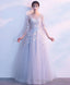 Gray Round Neck Tulle Lace Applique Long Prom Dress Gray Prom Dress