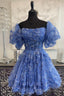 Blue Puff Sleeves Ruffles A Line Prints Homecoming Dress