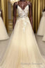 Champagne V Neck Tulle Lace Prom Dress Long Prom Dress