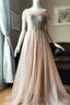 Blushing Pink A Line Illusion PortraitBeaded Appliques Lace-Up Long Prom Dress