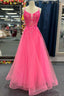 Hot Pink Tulle Appliques Lace-Up A Line Long Prom Dress