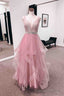 Pink A Line V Neck Tulle Layers Long Prom Dress with Bleaded Sash