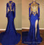 Charming African Royal Blue Side Slit Sheath Long Sleeves Prom Dresses