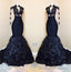 Dark Navy Mermaid Long Sleeves See Through Leaves Pleated African Prom Dresses