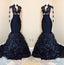Dark Navy Mermaid Long Sleeves See Through Leaves Pleated African Prom Dresses