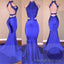 Sexy Mermaid Royal Blue Backless With Appliques High Neck Long Prom Dresses