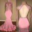 Alluring Pink Mermaid Long Sleeves Backless Elastic Satin Open Front High Neck Prom Dresses 2026