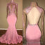 Alluring Pink Mermaid Long Sleeves Backless Elastic Satin Open Front High Neck 2026 Prom Dresses