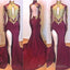 2026 Amazing Burgundy and Gold Appliques Long Sleeves High Neck Side Slit African American Prom Dresses