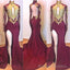 2025 Amazing Burgundy and Gold Appliques Long Sleeves High Neck Side Slit African American Prom Dresses
