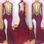 2025 Amazing Burgundy and Gold Appliques Long Sleeves High Neck Side Slit African American Prom Dresses